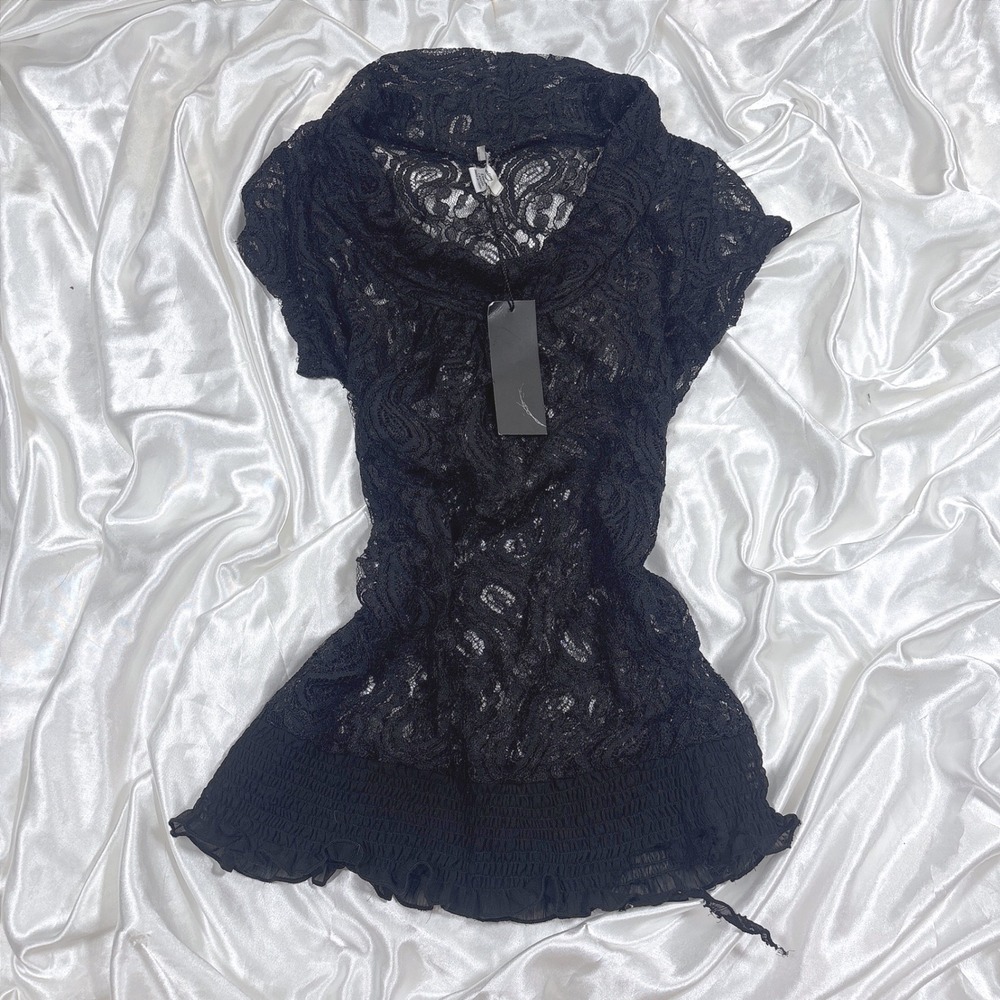 y2k Lace Top Black New With Imperfections Katherine Barclay Smocked Cowl Neck S